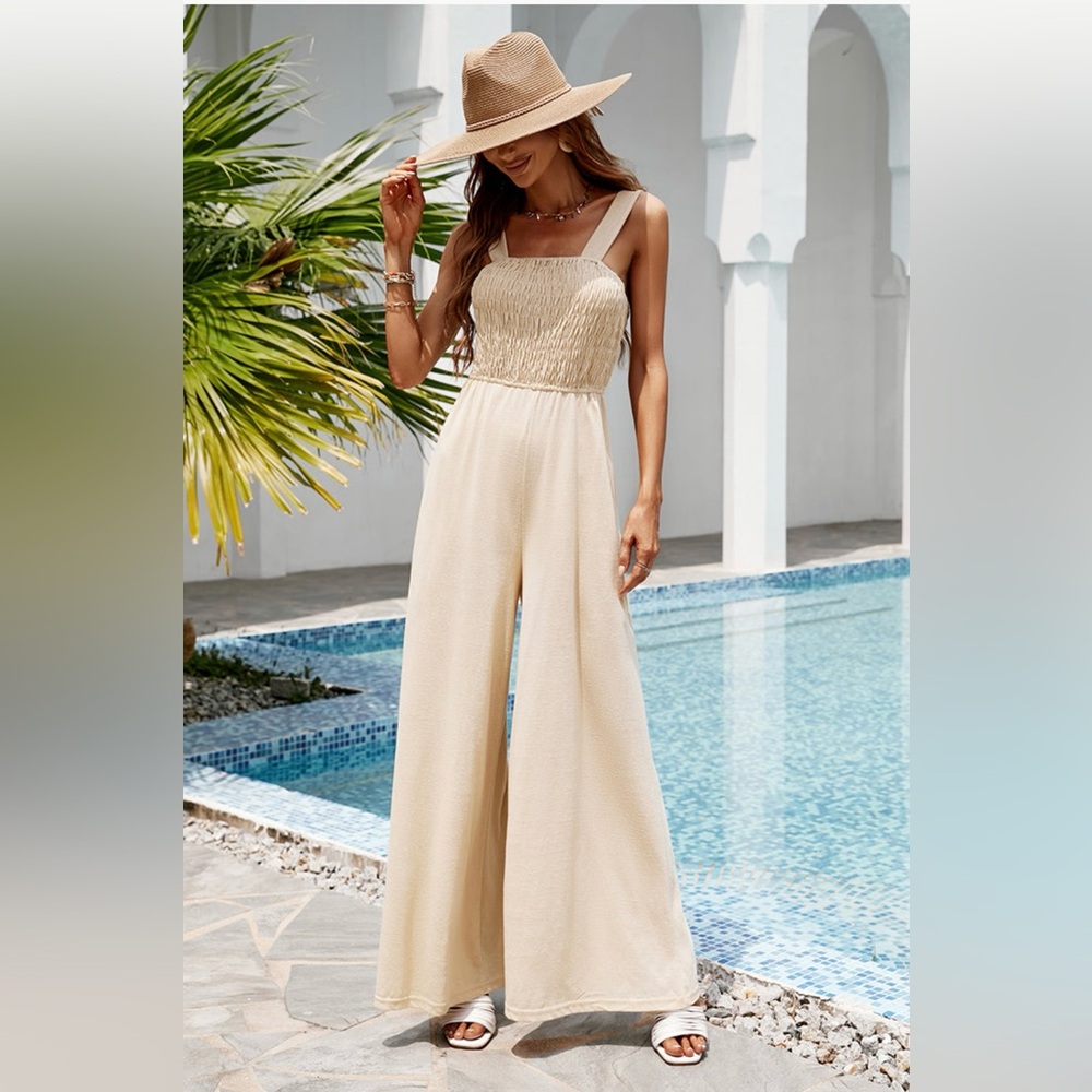 Cupshe Cream Jumpsuit with Spaghetti Straps and Wide Legs